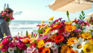 Huntington Beach florist creating vibrant floral arrangements with fresh, colorful flowers.