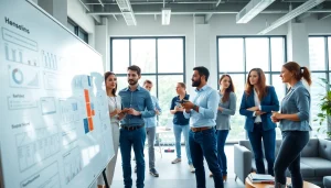 Startup fractional agency team brainstorming in a bright and modern office setting.