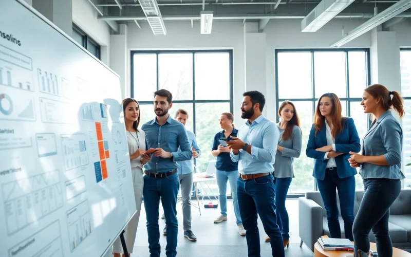 Startup fractional agency team brainstorming in a bright and modern office setting.