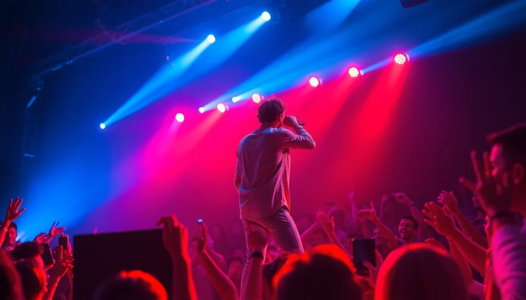 Performance by a musician captivates a live audience with vibrant energy and atmosphere.