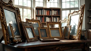 Showcasing ornate picture frames with intricate designs and textures on a vintage table.