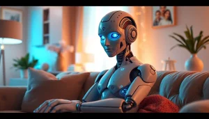 Engaging AI sex bot in a cozy setting showcasing emotional expressions and connection.