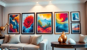 Showcase of large frames displaying colorful artwork in a stylish living room setting.