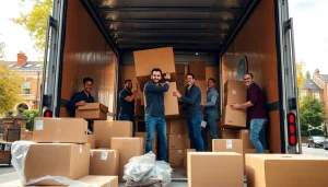 Professional movers London efficiently loading furniture into a moving truck in a vibrant neighborhood.