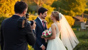 Capturing a couple's joy with a professional wedding videographer in Ireland during a scenic outdoor ceremony.