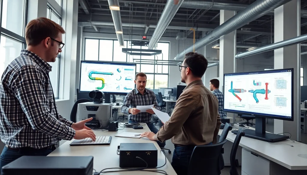 Pipe stress Company team collaborating in a modern office on engineering analysis.