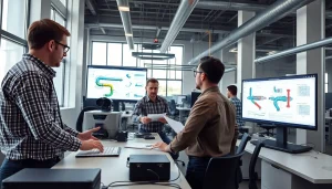 Pipe stress Company team collaborating in a modern office on engineering analysis.