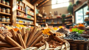 Cinnamon Bark beautifully arranged amidst vibrant spices in a rustic market setting.