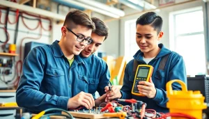 Electrician apprenticeship Hawaii: Active apprentices collaborating on electrical wiring in a workshop.