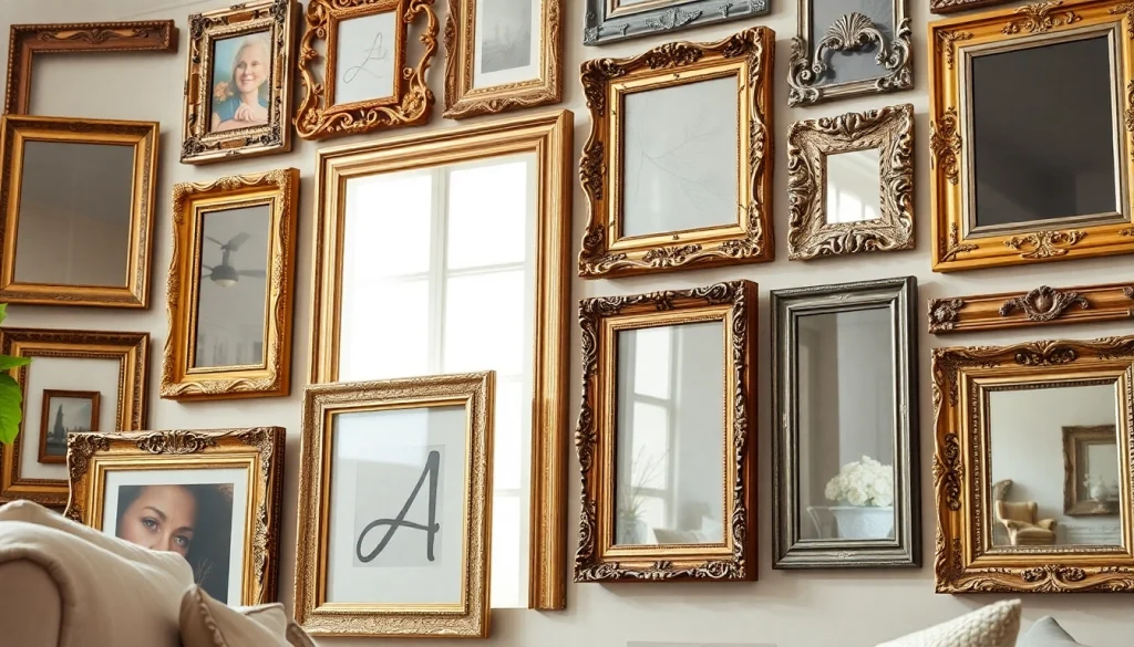 Admiring ornate picture frames showcasing intricate designs in a cozy, elegant living room.