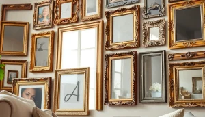 Admiring ornate picture frames showcasing intricate designs in a cozy, elegant living room.