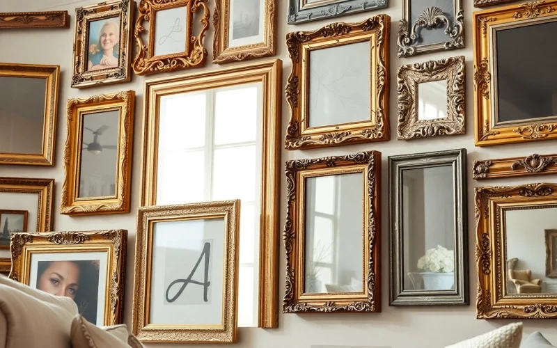 Admiring ornate picture frames showcasing intricate designs in a cozy, elegant living room.