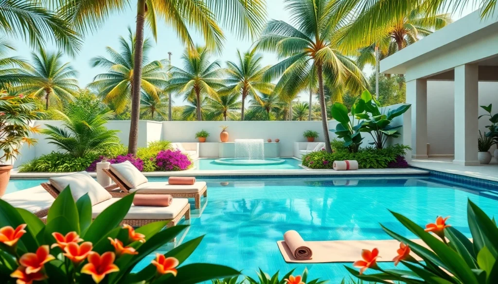 Relaxing environment at a wellness retreat Florida featuring serene pool and lush greenery.