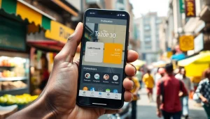 Engaging delivery apps in Lagos on a smartphone amidst vibrant street life.