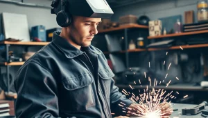 Welder in a vibrant welding jacket working with sparks in a workshop.