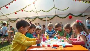 Children enjoying holiday camps activities like crafts and sports in a vibrant outdoor setting.