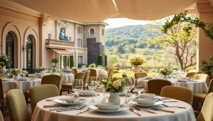 Enjoy a vibrant dining experience at European Pesach hotels with beautifully set tables and elegant surroundings.