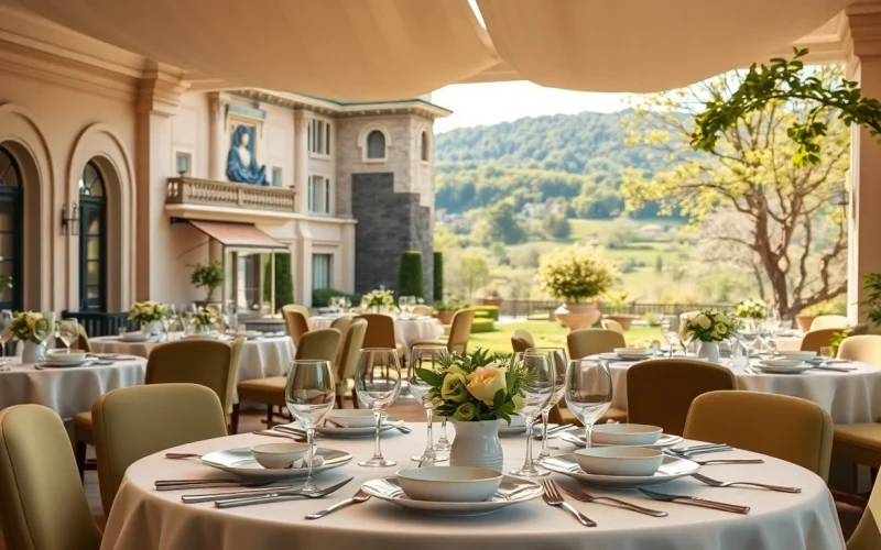 Enjoy a vibrant dining experience at European Pesach hotels with beautifully set tables and elegant surroundings.