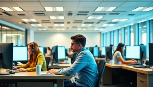 Enhancing Call center services in a modern office with engaged agents and vibrant lighting.