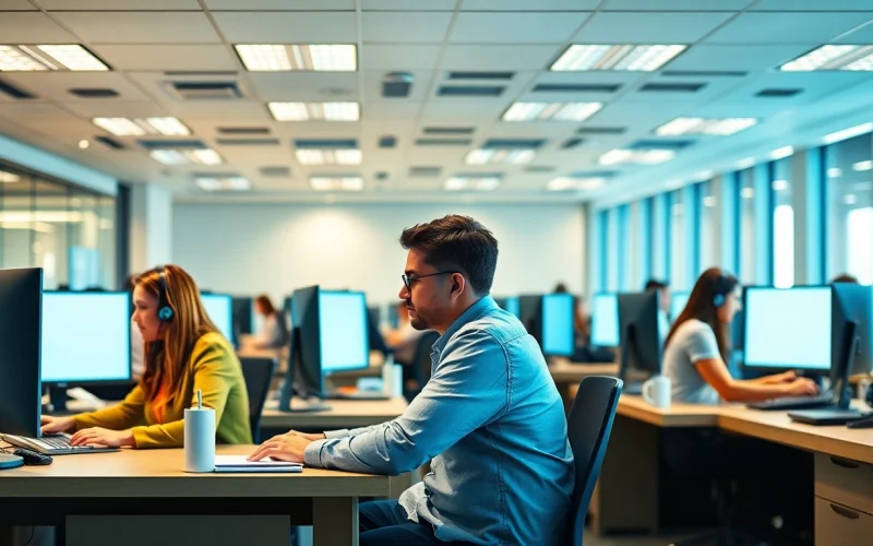 Enhancing Call center services in a modern office with engaged agents and vibrant lighting.