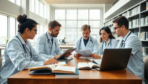 Medizinstudium ohne Aufnahmeprüfung: Studierende arbeiten engagiert in einer modernen Bibliothek.