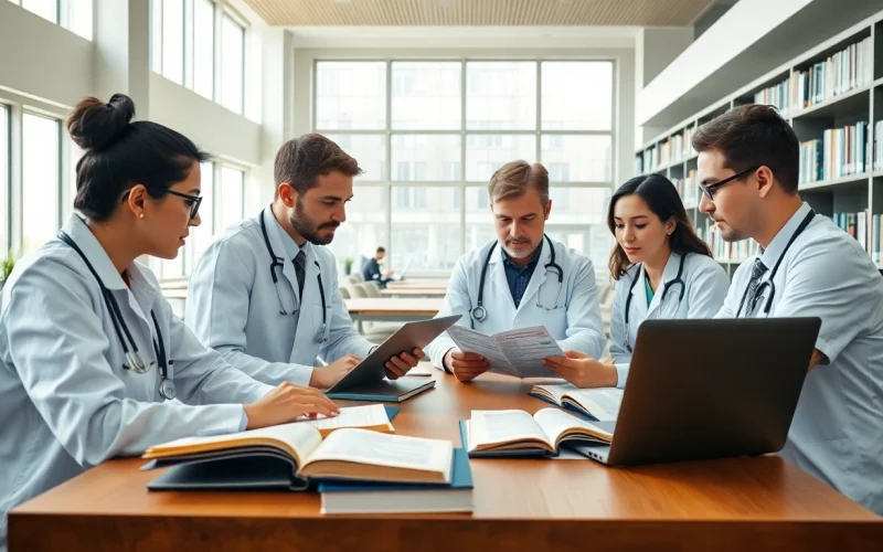 Medizinstudium ohne Aufnahmeprüfung: Studierende arbeiten engagiert in einer modernen Bibliothek.