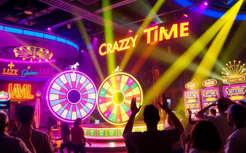 Experience the excitement of RTP Crazy Time at a live casino game show filled with action and vibrant colors.