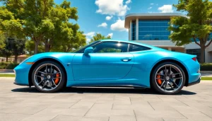 Admiring a perfect car in a beautiful outdoor setting with vibrant reflections and a polished design.