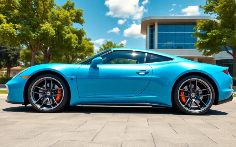 Admiring a perfect car in a beautiful outdoor setting with vibrant reflections and a polished design.