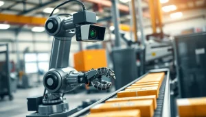 Machine vision technology in action with a robotic arm inspecting products.