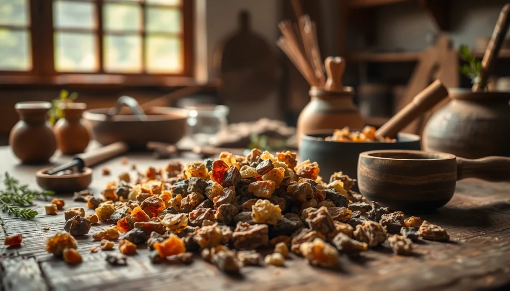 Showcasing handcrafted Benjoin resin in a tranquil herbalist workshop.