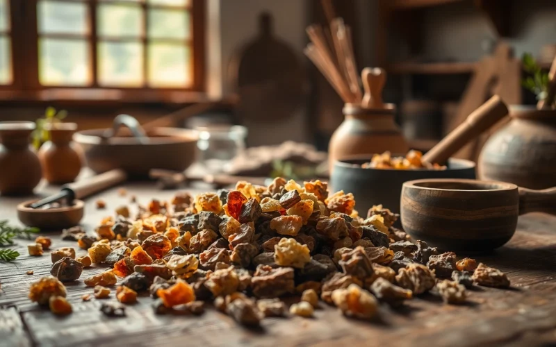 Showcasing handcrafted Benjoin resin in a tranquil herbalist workshop.