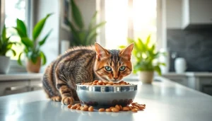 Premium cat food North Vancouver served to a playful tabby cat in a modern kitchen setting.