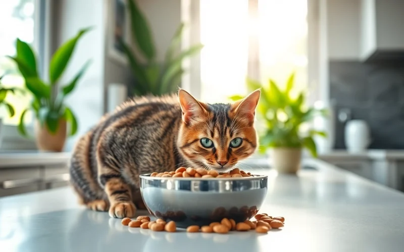 Premium cat food North Vancouver served to a playful tabby cat in a modern kitchen setting.