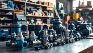 Showcase of compressor spare parts including check valves and pressure switches on a workshop table