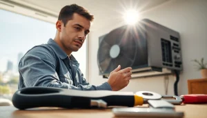Promoting HVAC services Los Angeles through a professional technician repairing an AC unit.
