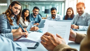Streamlined ejari cancellation​ process with details on paperwork and teamwork in a professional office.