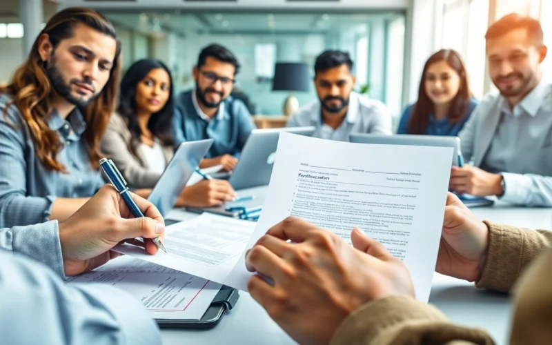 Streamlined ejari cancellation​ process with details on paperwork and teamwork in a professional office.