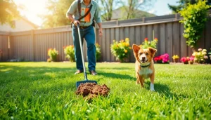 Alamo ranch poop scooper technician cleaning a well-maintained yard with a friendly dog nearby.