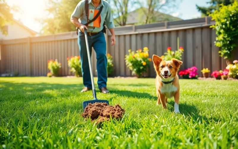 Alamo ranch poop scooper technician cleaning a well-maintained yard with a friendly dog nearby.