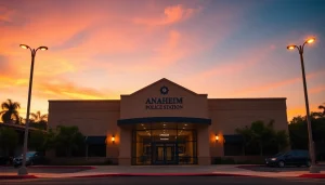 Check Anaheim Police Station inmate information with a clear view of the station's entrance.