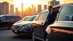 Group transportation service showcasing a luxury vehicle with a driver assisting clients.