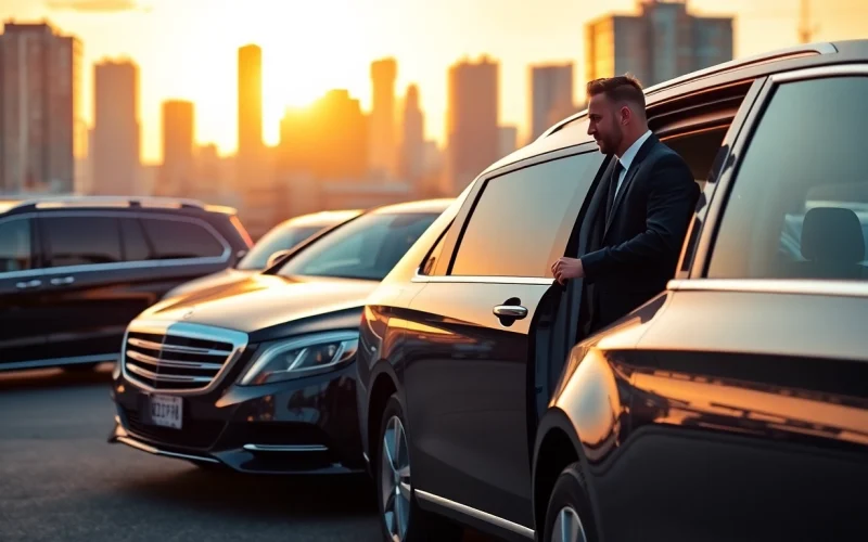 Group transportation service showcasing a luxury vehicle with a driver assisting clients.