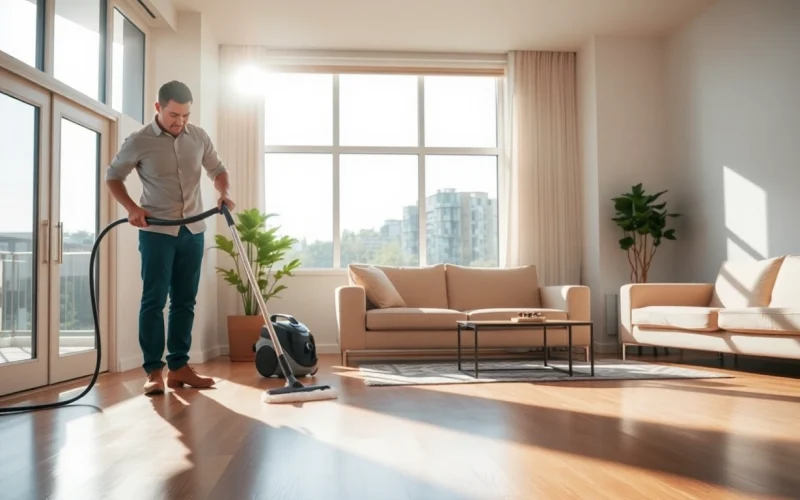 Bond cleaning Logan professional cleaning a spacious apartment with bright decor and sparkling surfaces.