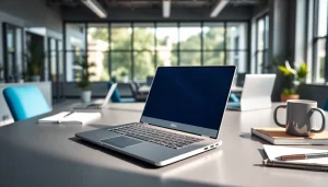 Showcasing laptops Dell in a modern workspace with a premium design and accessories.