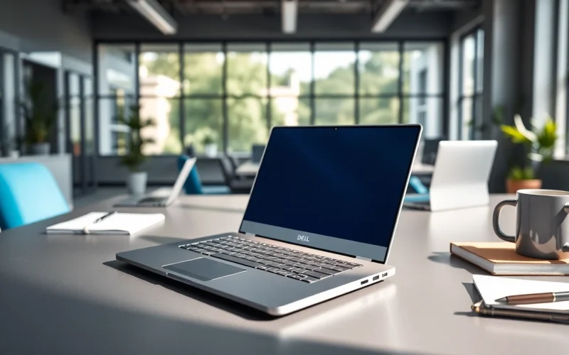 Showcasing laptops Dell in a modern workspace with a premium design and accessories.