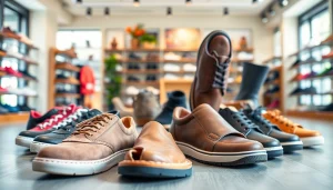 Schuhe mit breiter Zehenbox in einem stilvollen Geschäft präsentiert, betont Komfort und Stil.