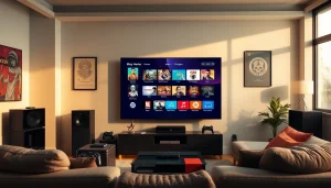 Showcase of IPTV Subscription service in a modern living room with vibrant streaming content