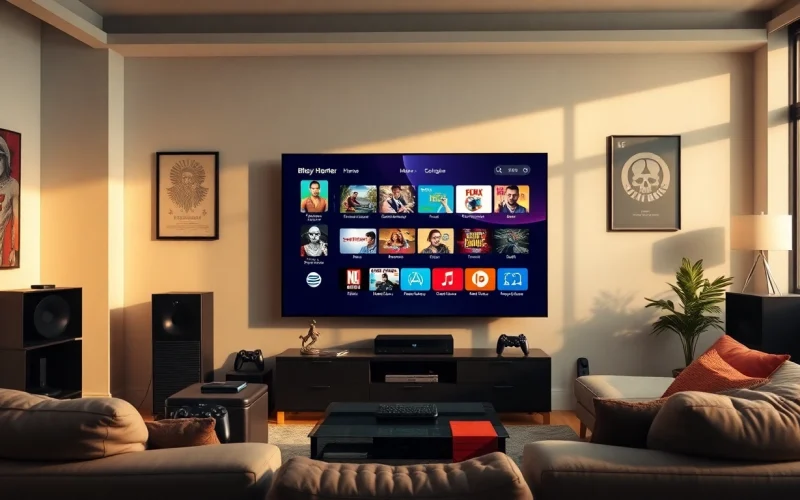 Showcase of IPTV Subscription service in a modern living room with vibrant streaming content