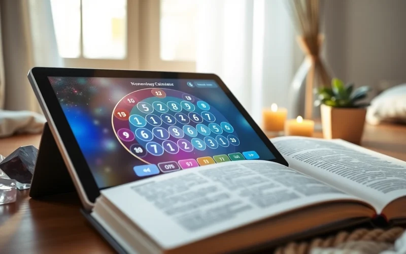 Engaging numerology calculator interface that presents vibrant numerology charts and serene surroundings.